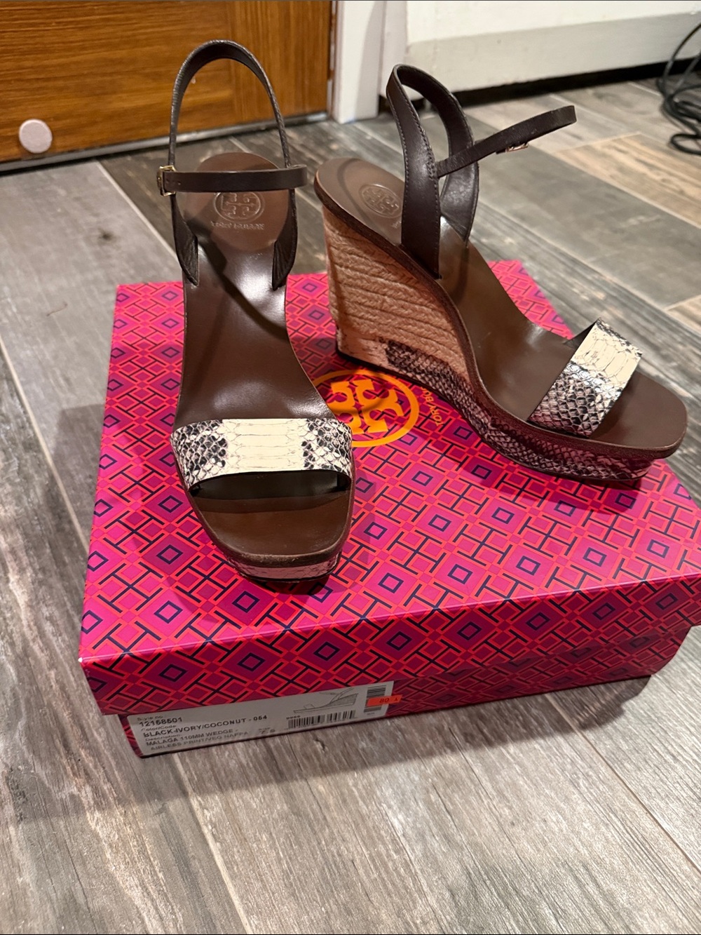 Tory Burch Brown Leather Wedge Espadrilles with Cream Snakeskin Strap